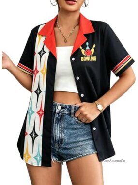 Women's Funny Bowling Hawaiian Button Down Shirt Short Sleeve Casual